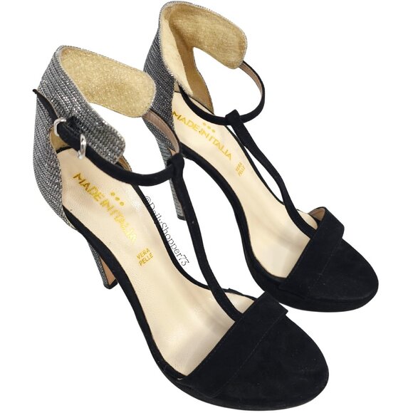 Vera Pelle Italy, women's black suede & metallic Silver pump stiletto heels - Picture 1 of 7